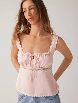 Cider - Satin Women's Lace Trim Square Neck Drawstring Tank Top Pink