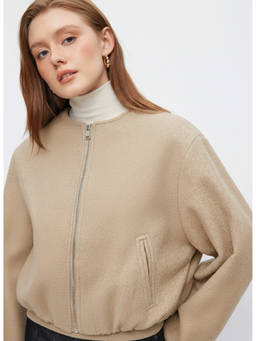 Cider - Wool-look Women's Zip-Through Lantern Sleeve Jacket Khaki