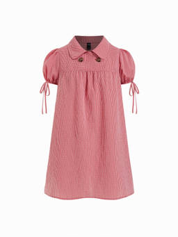 Cider - Cotton Blend Women's Checks Puff Sleeve Smock Mini Dress Red