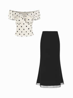 Cider - Mesh Women's Off-Shoulder Polka Dot Ruffled Skirt Set Black