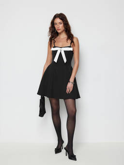 Cider - Bowknot Women's Square Neck A-Line Mini Dress Black