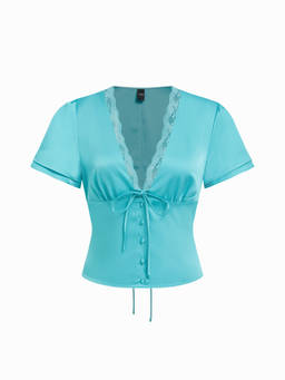 Cider - Lace Trim Women's V-Neck Drawstring Blouse Teal