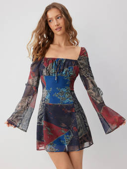 Cider - Floral Women's Square Neck Drawstring Bell Sleeve Mini Dress Multi-Color