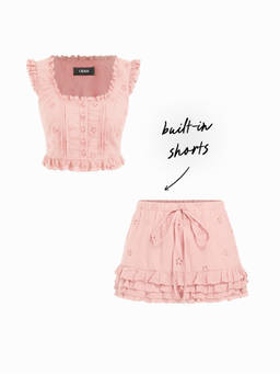 Cider - Ruffled Women's Square Neck Embroidered Skirt Set Pink