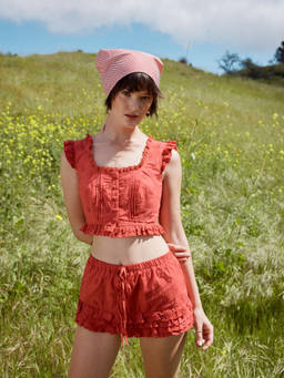 Cider - Embroidered Women’s Ruffled Square Neck Skirt Set Red