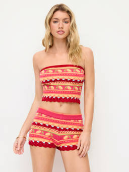 Cider - Knit Aztec Women's Strapless Tube Top & Shorts Co-ord Set Red