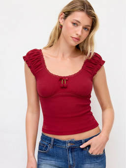 Cider - Cotton Blend Women’s Ruffled Cherry Applique Crop Top Wine