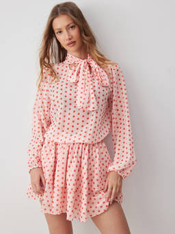 Cider - Polka Dot Women's Puff Sleeve Pleated Mini Dress Pink