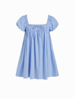 Cider - Cotton Gingham Women's Shirred Square Neck Mini Dress Blue