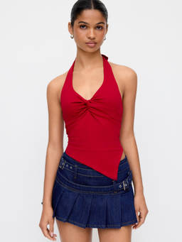 Cider - Cotton Blend Women Ruched Halter Neck Asymmetrical Hem Top Wine