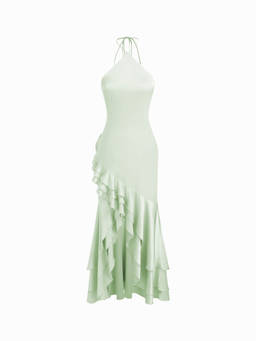 Cider - Satin Women's Halter Neck Ruffle Hem Maxi Dress Green