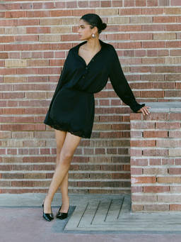 Cider - Satin Lace Panel Women's Regular Fit Shirt Mini Dress Black