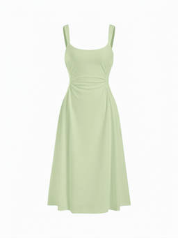 Cider - Ruched A-Line Women's Scoop Neck Midi Dress Green