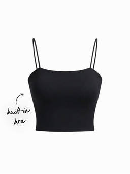 Cider - Cotton Blend Women Built-In Bra Square Neck Crop Top Black