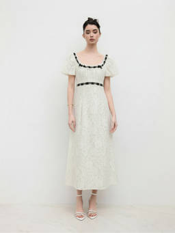 Cider - Lace Square Neck Women's Puff Sleeve A-Line Maxi Dress Cream