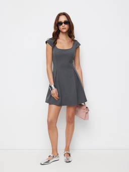 Cider - Woven Women's Square Neck Pleated A-Line Mini Dress Grey