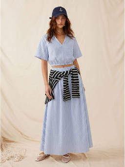 Cider - Cotton Blend Women’s Striped V-Neck Skirt Set Blue