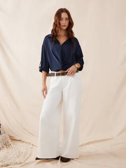 Cider - Satin Women's Twist Knot Collared Crop Blouse Navy Blue