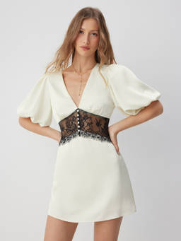 Cider - Satin Women's V-Neck Lace Panel A-Line Mini Dress Beige