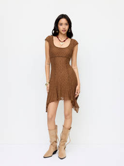 Cider - Asymmetrical Hem Women's Scoop Neck Slim A-Line Mini Dress Brown