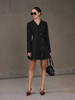 Cider - Notched Collar Women's Long Sleeve Blazer Mini Dress Black