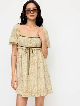 Cider - Floral Women's Puff Sleeve Ruffled Smock Mini Dress Cream