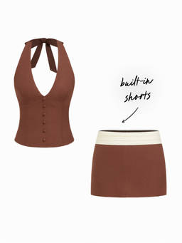 Cider - Linen Blend Women Halter Neck Button Front Skirt Set Brown