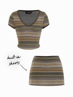 Cider - High Stretch Women’s Striped V-Neck Crop Top Skirt Set Khaki