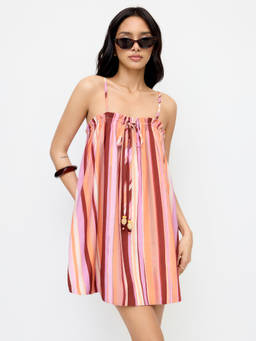 Cider - Striped Women's Oversized Square Neck Mini Dress Red