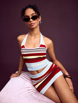 Cider - Knit Women's Striped Halter Neck Skirt Set Blue