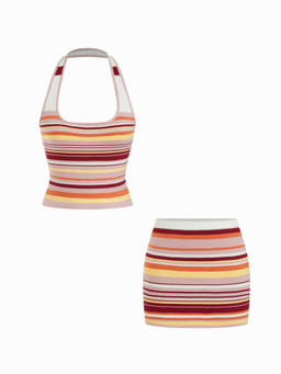 Cider - Knit Women's Striped Halter Neck Skirt Set Pink