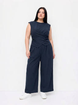 Cider - Cotton Blend Women’s Twist Top Wide Leg Co-ord Set Navy Blue