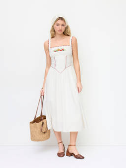 Cider - Linen-blend Women's Fruit Embroidery Square Neck Maxi Dress White