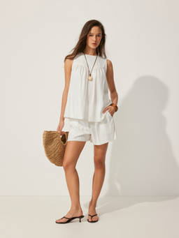 Cider - Boat Neck Women Sleeveless Ruched Short Set Beige