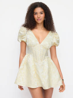 Cider - Jacquard Women's V-Neck Puff Sleeve Corset Mini Dress Beige
