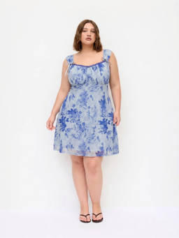 Cider - Mesh Women's Floral Sweetheart Neck Knotted Mini Dress Blue