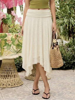Cider - Textured Lace Women's Ruched Asymmetrical Hem Midi Skirt Cream