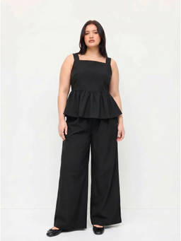 Cider - Linen Blend Women's Square Neck Ruffle Hem Co-ord Set Black