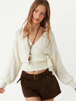 Cider - Cable Knit Women’s V-Neck Wrap Sweater Cream
