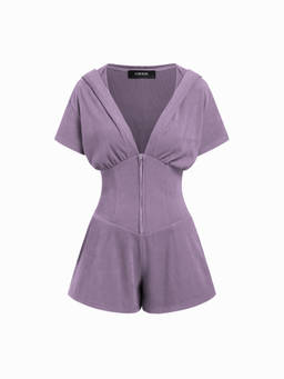 Cider - Textured Women's V-Neck Ruched Front Romper Purple