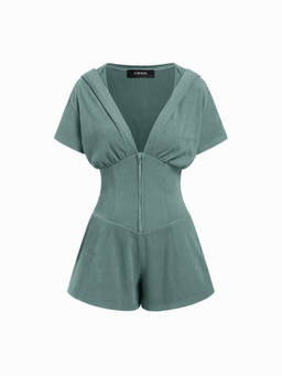 Cider - Textured Women's Ruched V-Neck Romper Green