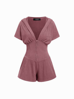 Cider - Textured Women's V-Neck Ruched Front Romper Pink