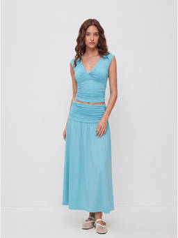 Cider - Twist Ruched Women's V-Neck Skirt Set Teal