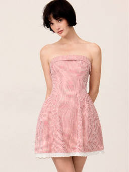 Cider - Gingham Women's Strapless Bow Lace Trim A-Line Mini Dress Red