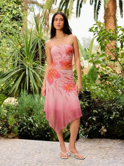 Cider - Floral Mesh Women's Strapless Ruched Crop Top Pink