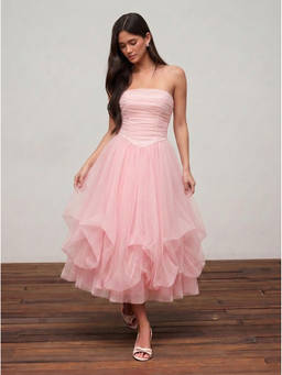 Cider - Mesh High Rise Women's Strapless Ruched Bubble Maxi Dress Pink