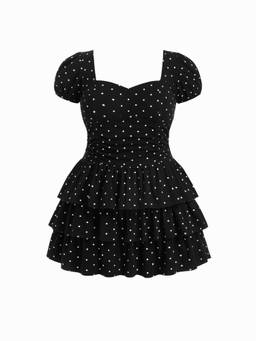 Cider - Cotton Blend Women Ruched Puff Sleeve Mini Dress Black