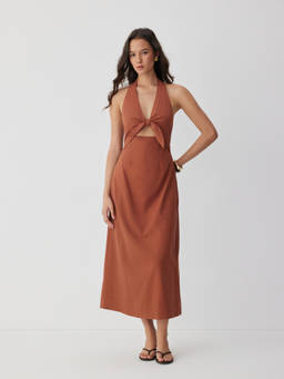 Cider - Linen Blend Women’s Cut-Out Knotted Halter Maxi Dress Brown