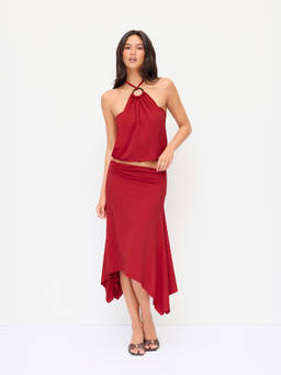 Cider - Halter Neck Women's Ruched Asymmetrical Skirt Set Red