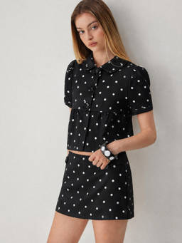 Cider - Peter Pan Collar Women Polka Dots Skirt Set Black